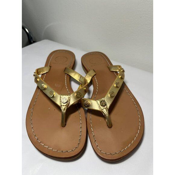 Tory‎ Burch Ricki Logo Studded Gold Leather Flat Thong Flip Flops Sandals Size 6 - Picture 3 of 10